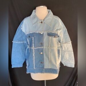 Women’s Color Block Frayed Hem Denim Jacket Large
